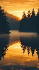 Aufkleber - A serene scene of the sun setting over a lake, surrounded by trees