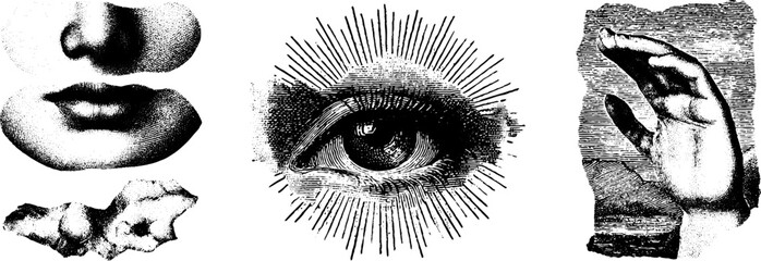 Poster - Expressionist elements: eye, hand, and facial features in artistic brushstroke design