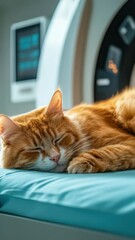 Aufkleber - A domestic cat is lying down next to an old machine on a bed, possibly abandoned or upcycled