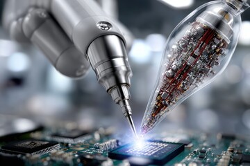 Poster - Advanced robotic arm assembling microchips in a high-tech electronics lab