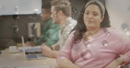Poster - Woman wearing pink sweater starting business presentation with network layer showing links shifting