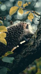 Poster - A hedge plant is perched atop a tree branch, surrounded by leaves and branches