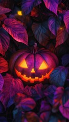 Poster - A glowing jack o' lantern surrounded by vibrant purple leaves, perfect for autumn or Halloween themed designs