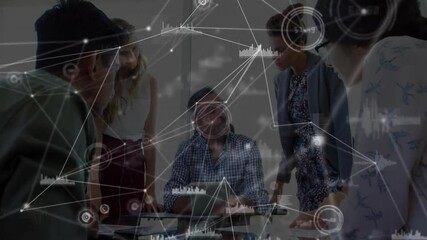 Poster - Project lead tapping tablet showing animated charts as colleagues reviewing business data insights