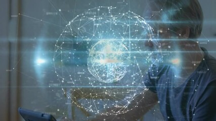 Aufkleber - Man tapping tablet in home office and launching holographic network sphere for data analysis