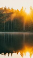Poster - A serene landscape of a lake at sunset with trees reflected in the water