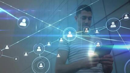 Aufkleber - Man tapping tablet and activating holographic network nodes expanding in corridor for tech insights