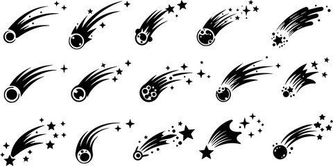 Shooting stars icon vector set. Comet tail or star trail illustration sign collection.
