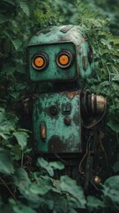 Aufkleber - A green robot sitting in the middle of a forest