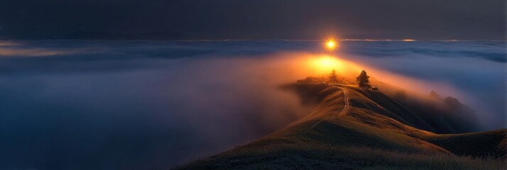 Poster - Fog Envelops a Head-Shaped Landscape With a Glowing Beacon Casting Light Above
