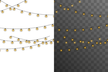 Wall Mural - Glowing string winds through winter cabin. Garland lamps brighten shop window. Circular light wraps elegant product box. Gold sparkle floats on black poster. LED chain highlights birthday party banner