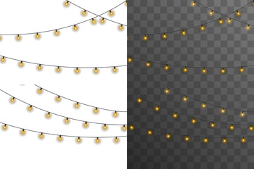 Wall Mural - Shiny garland outlines New Year banner. Circle of light forms magical border. Soft yellow bulbs hang on thread. Twilight glow fills joyful evening sky. 