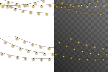 Wall Mural - Glowing string winds through winter cabin. Garland lamps brighten shop window. Circular light wraps elegant product box. Gold sparkle floats on black poster. LED chain highlights birthday party banner