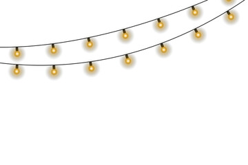 Wall Mural - Twinkling fairy lights glow in soft amber. Golden garland loops around festive corner. Warm bulbs dangle on celebration wire. Holiday sparkle brightens the dark scene.