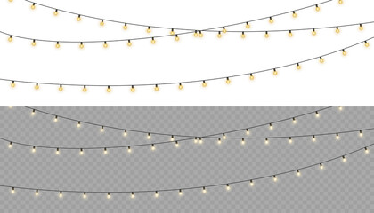 Wall Mural - Shiny garland outlines New Year banner. Circle of light forms magical border. Soft yellow bulbs hang on thread. Twilight glow fills joyful evening sky. 
