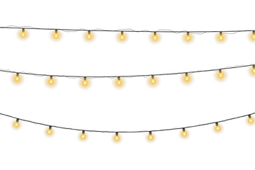 Wall Mural - Twinkling fairy lights glow in soft amber. Golden garland loops around festive corner. Warm bulbs dangle on celebration wire. Holiday sparkle brightens the dark scene.