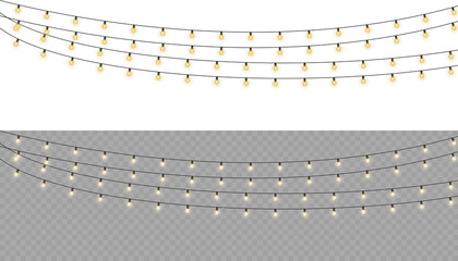 Wall Mural - Glowing string winds through winter cabin. Garland lamps brighten shop window. Circular light wraps elegant product box. Gold sparkle floats on black poster. LED chain highlights birthday party banner