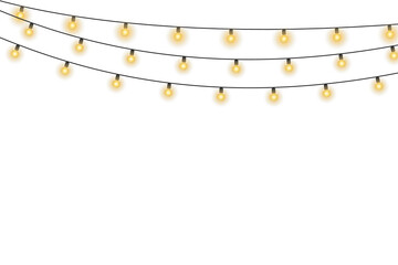 Wall Mural - Shiny garland outlines New Year banner. Circle of light forms magical border. Soft yellow bulbs hang on thread. Twilight glow fills joyful evening sky. 