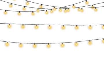 Wall Mural - Glowing string winds through winter cabin. Garland lamps brighten shop window. Circular light wraps elegant product box. Gold sparkle floats on black poster. LED chain highlights birthday party banner