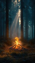Poster - A campfire lit up in the midst of a dense forest, surrounded by trees and darkness
