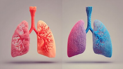 Fototapete - Comparison of Healthy and Damaged Lung Anatomy Showing Differences in Structure and Function for Educational Purposes