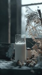 Poster - A glass of milk sits on a table with a white background