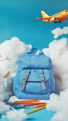 Poster - A blue backpack sits atop a cloud-covered ground, ideal for outdoor adventure or travel images