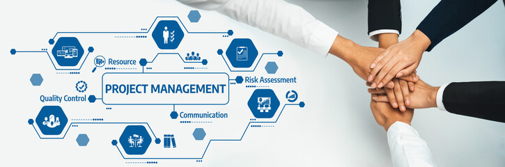 Poster - this image illustrates the concept of project management with diverse hands joining together, symbol