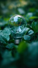 Poster - A single light bulb sits atop a vibrant green field, suitable for use in illustrations about simplicity, growth, or inspiration