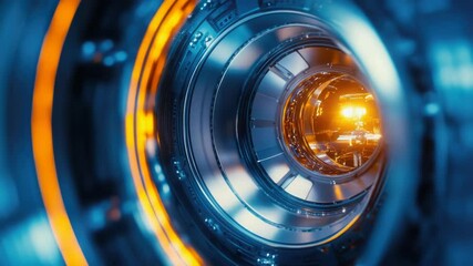 Poster - Close-up shot of a camera lens with a bright yellow light, ideal for use in photography and technology illustrations