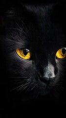 Aufkleber - A detailed shot of a black cat's face featuring bright yellow eyes