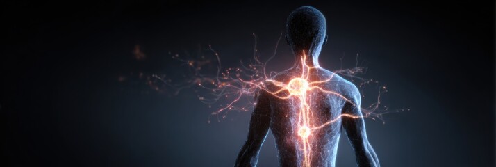 Poster - Man Silhouette in a Clinical Setting Surrounded by Glowing Nerve Signals Illustrating Neural Activity and Human Anatomy
