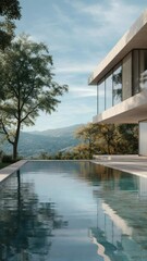 Poster - A large swimming pool in front of a modern house with sunbathing area and deck