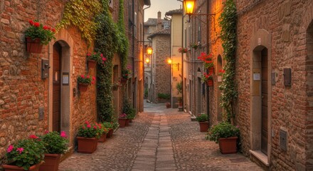  Picturesque Italian Village Street at Dusk with Flower Pots
