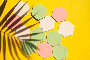 Fototapete - Pastel Hexagon Tiles Summer Background with Palm Leaf Shadow Bright Yellow