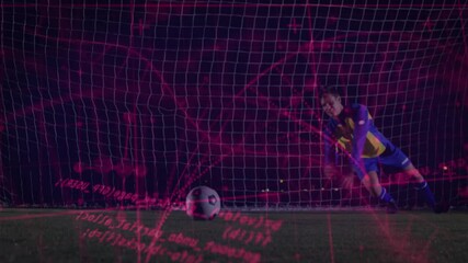 Poster - Rolling ball starting shot, goalkeeper diving left to block with magenta tech overlay tracking arc