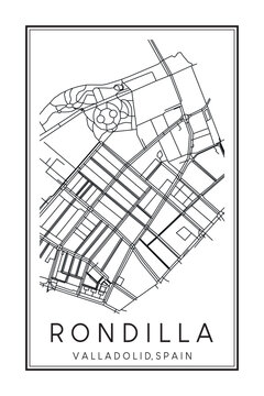 Hand drawn printable downtown road map poster of district RONDILLA of the Spanish city of VALLADOLID on solid white background with city name