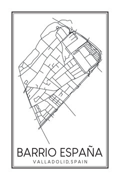 Hand drawn printable downtown road map poster of district BARRIO ESPAÑA of the Spanish city of VALLADOLID on solid white background with city name