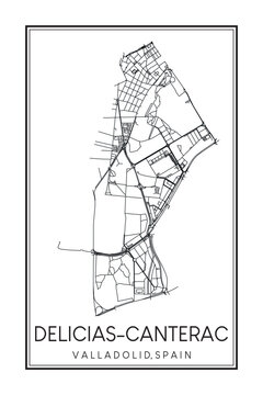 Hand drawn printable downtown road map poster of district DELICIAS-CANTERAC of the Spanish city of VALLADOLID on solid white background with city name