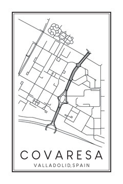 Hand drawn printable downtown road map poster of district COVARESA of the Spanish city of VALLADOLID on solid white background with city name