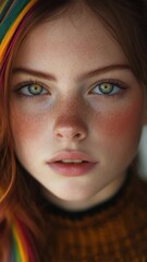 Poster - A close-up view of a woman's face featuring freckles, useful for beauty or lifestyle images