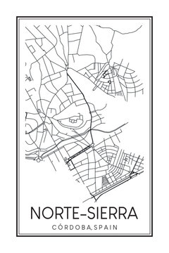 Hand drawn printable downtown road map poster of district NORTE-SIERRA of the Spanish city of CÓRDOBA on solid white background with city name