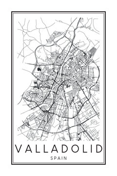 Hand drawn printable downtown road map poster of the Spanish city of VALLADOLID on solid white background with city name