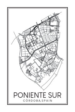 Hand drawn printable downtown road map poster of district PONIENTE SUR of the Spanish city of CÓRDOBA on solid white background with city name