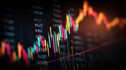Poster - Colorful candlestick chart illustrates stock market trends. Traders analyze fluctuations in prices and trading volumes in a digital trading environment.