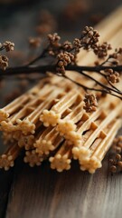 Poster - A collection of pasta sticks arranged neatly on a wooden table, perfect for food styling or cooking demonstrations
