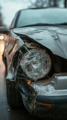 Poster - A car with significant damage after a crash, useful for illustrations of traffic safety or news stories