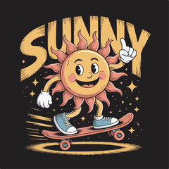 Happy Cartoon Sun Character Skateboarding on Red Skateboard with Yellow Sunny Text on Black Background 1