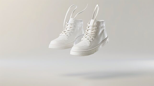 White high-top sneakers levitating in a  setting.