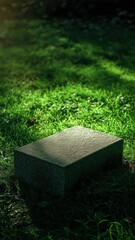 Poster - A large stone block sits atop a vibrant green meadow